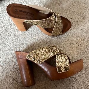 Gold glitter platform wooden heels
